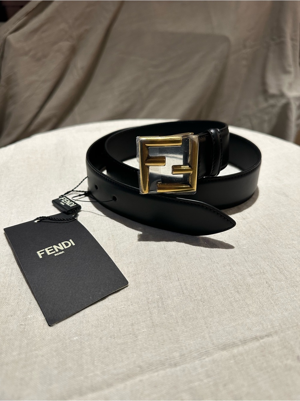 Fendi Black Leather Belt with Gold Double F Buckle